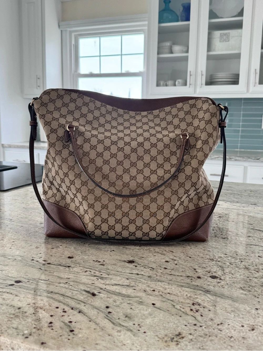 🔹 Gucci Beige GG Canvas Two Way Shoulder Bag Interlocking 100% Authentic